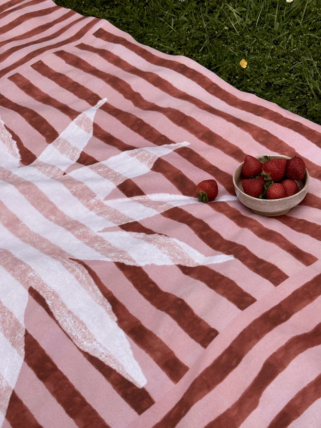 sun stripe fleece blanket. a red and pink striped picnic blanket on grass.