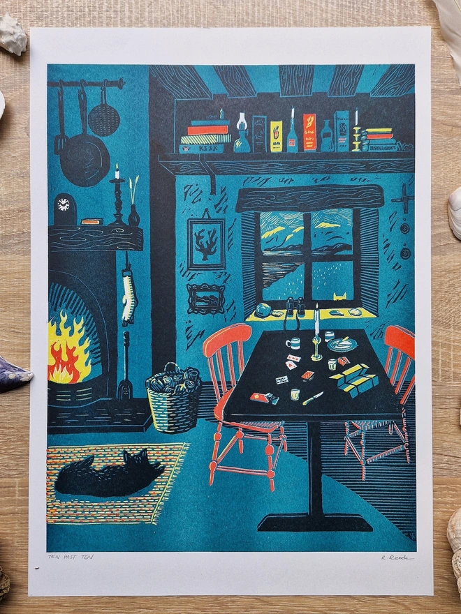 A risograph print showing a cottage scene in blue, red, yellow and black