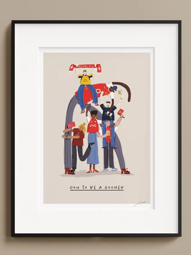 illustrated football team fan print. an illustrated image of football fans in arsenal merchandise with a team quote.