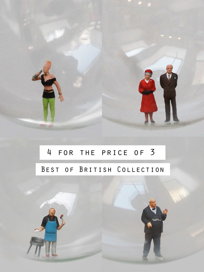 Miniature figure of a punk, Churchill, bbq man, and Queen Elizabeth and Prince Phillip  in 4 glass Christmas baubles - close up 