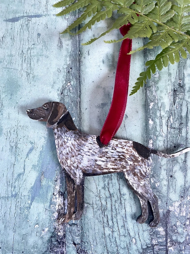 German Short-haired Pointer Christmas Decoration Hung with red velvet ribbon