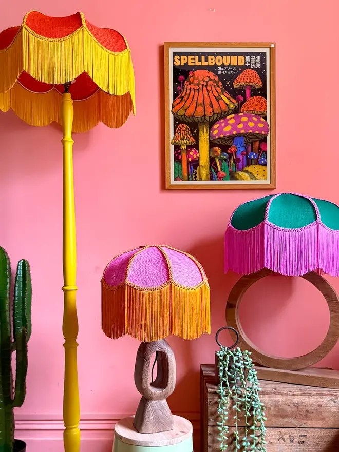 Pink Hessian Petal Lampshade With Pumpkin Fringe