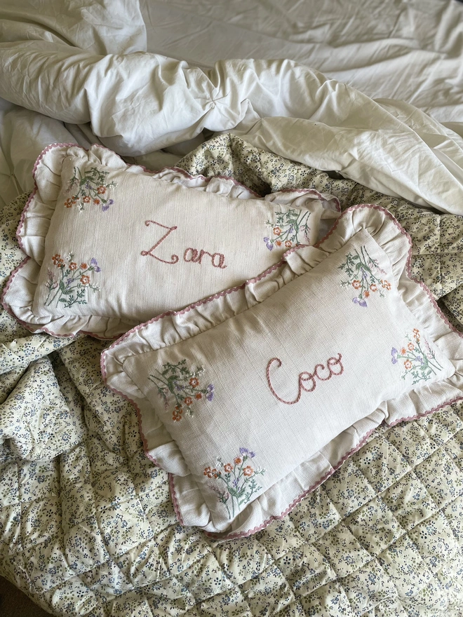 Blossom and bramble wildflower embroidered cushion. Bespoke hand made new baby gift 
