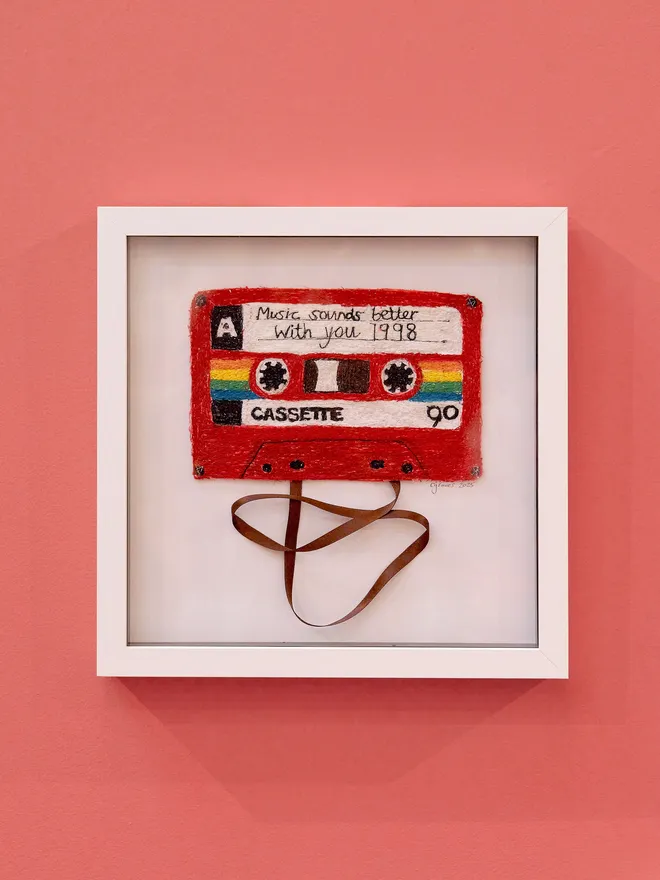 Personalised Mix Tape Cassette Embroidery Art - Music Sounds Better With You 1998