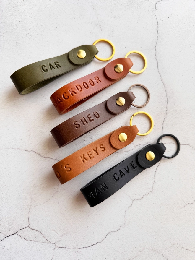leather loop keyrings in 5 different colours.