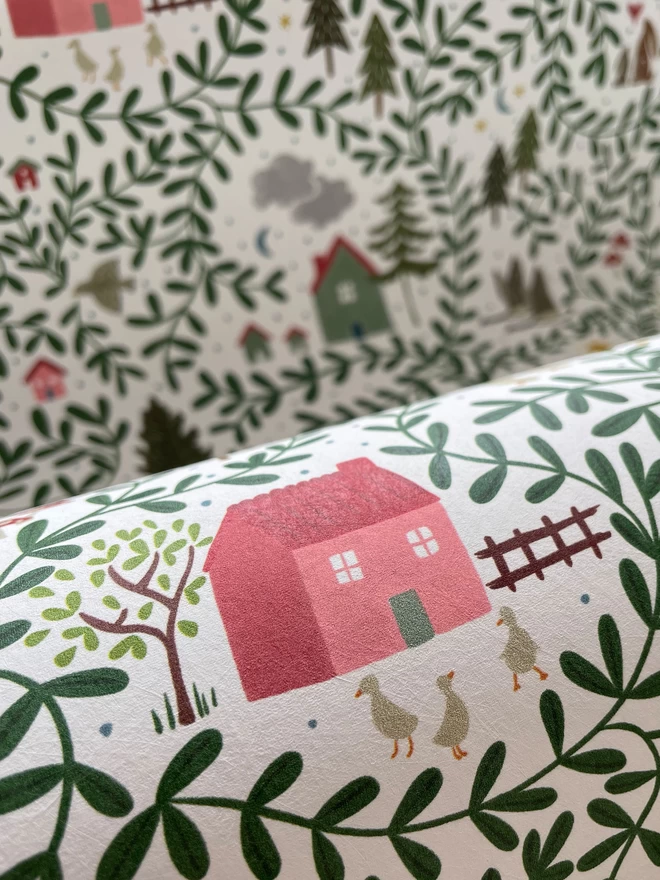 English Country Cottages Wallpaper Roll Close Up Pink House with Ducks