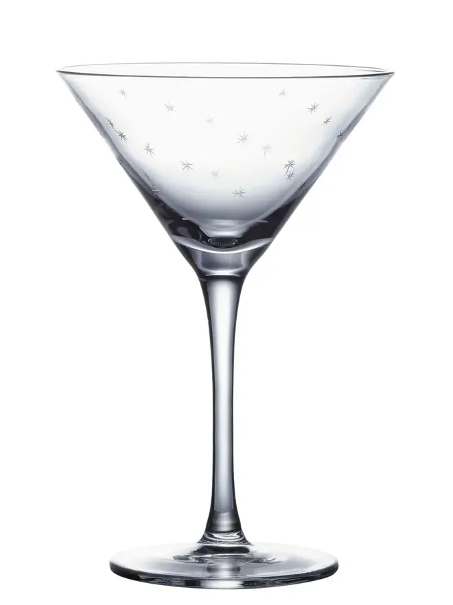 engraved stars crystal martini glass (set of 2). a martini glass patterned with small stars.