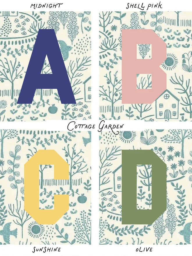 Letter colour options for personalised easter bag in Cottage Garden print