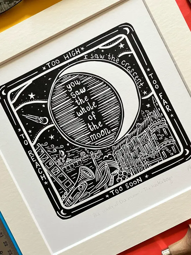 waterboys whole of the moon lyric lino print