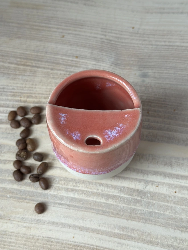 'Caffeine Please' Ceramic Travel Cup Pink Glaze