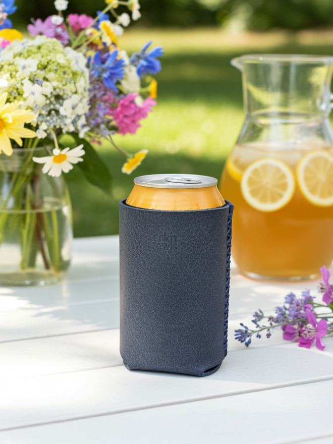 navy leather drinks sleeve