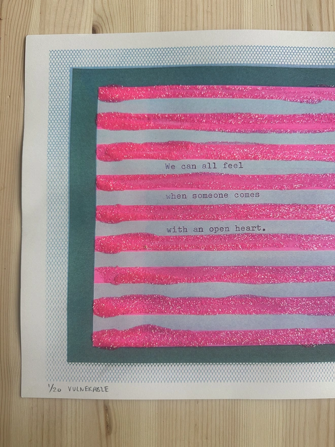 Close up of A3 Risograph Print in Pink Glitter
