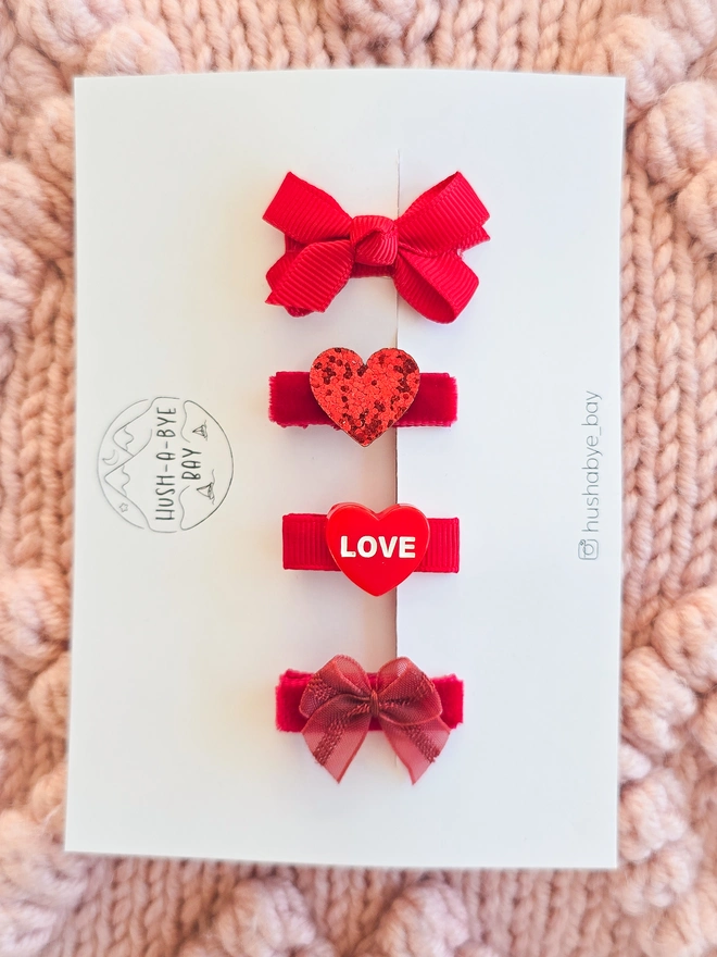 red valentines hair clip set for girls