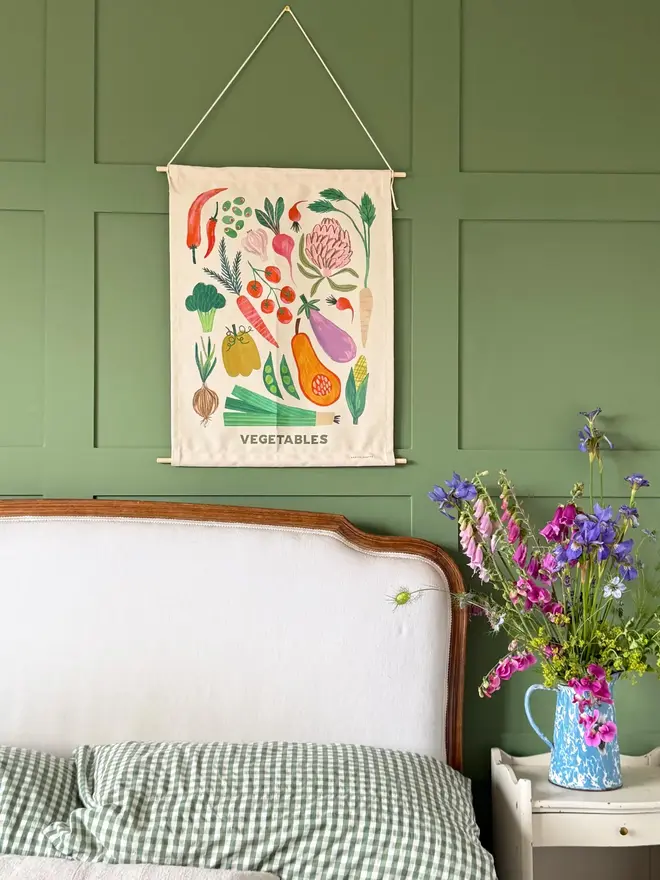 Vegetable Print Fabric Banner, against a green wall. 