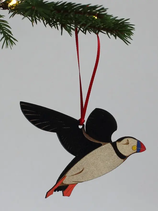 Wooden Sparkly Puffin Christmas Decoration