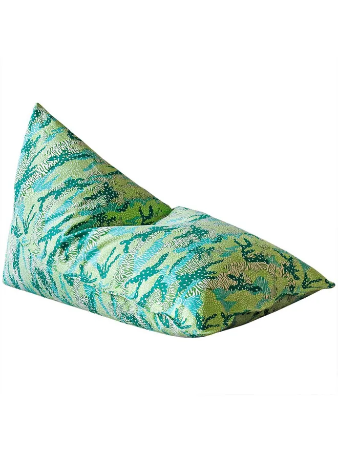 Green Big Cat Camo Bean Bag Cover, a green bean bag cover sitting against a white backdrop. 