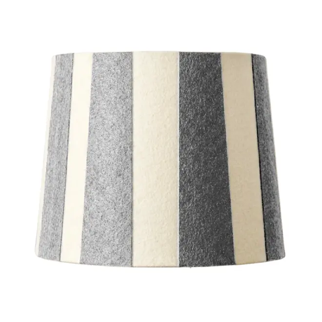 Hand Painted Upcycled Striped Sustainable Drum Lampshade, a metallic silver striped lampshade against a white background. 
