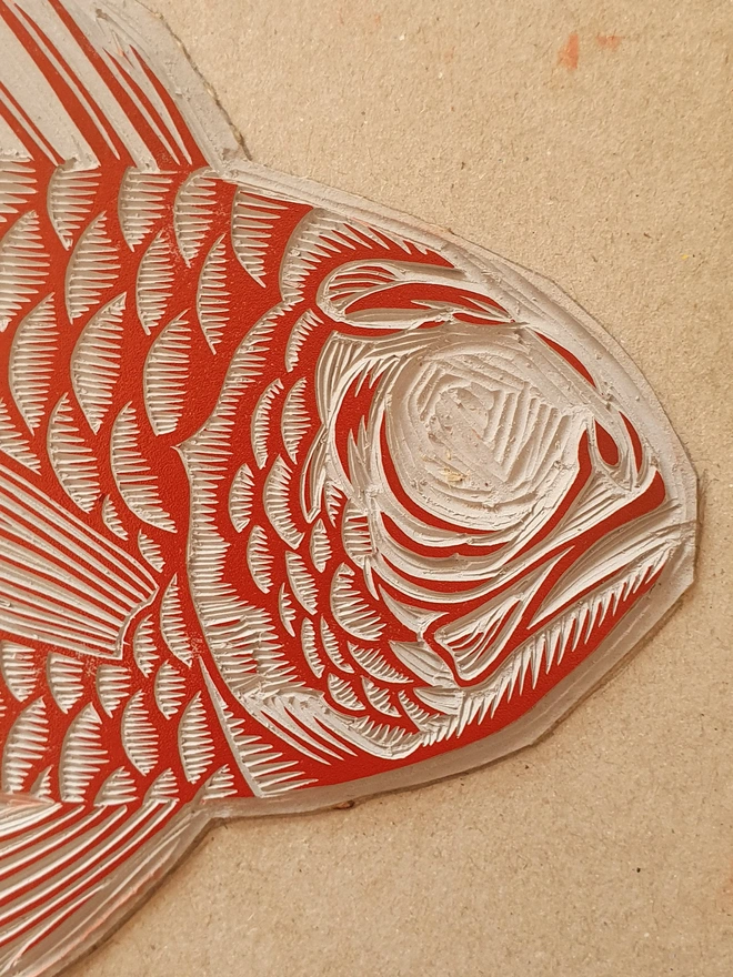 Soldierfish linocut block showing the carving detail