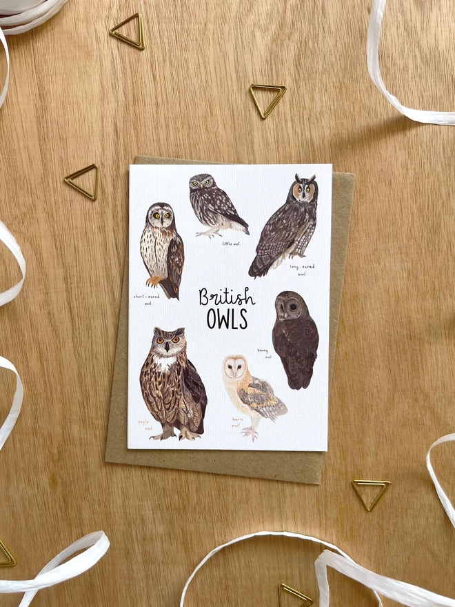 a greetings card featuring owls found in britain and the words “British Owls”
