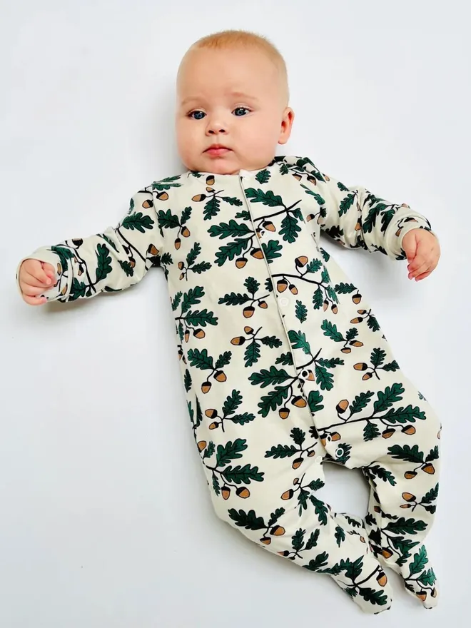 Cream 'Little Acorn' Organic Cotton Baby Sleep Suit