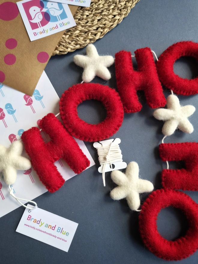 Felt Wool Christmas 'Ho Ho Ho' Garland with red hand stitched letters