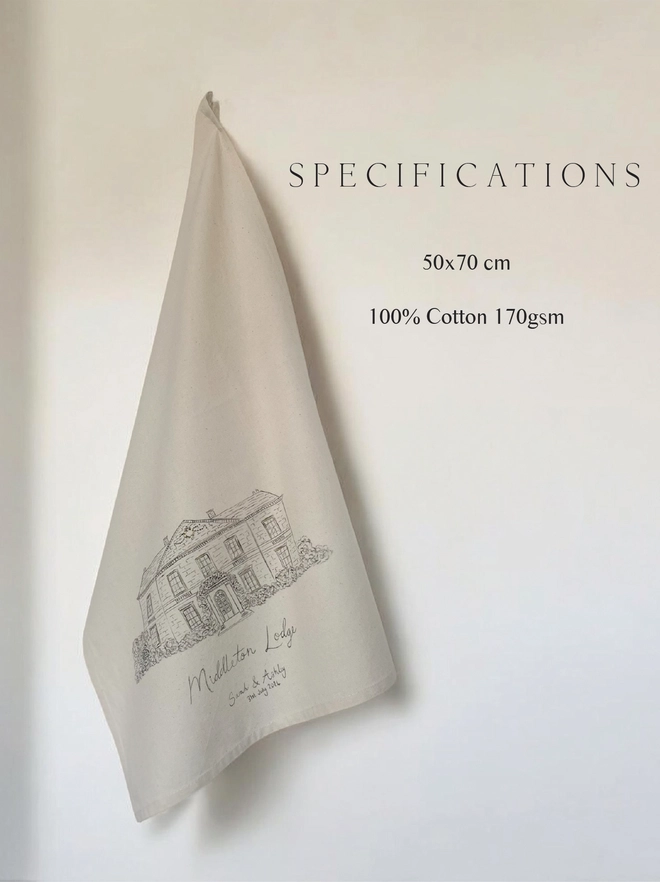 Specifications and dimensions of a hand painted tea towel with a hand painted illustration of a wedding venue 