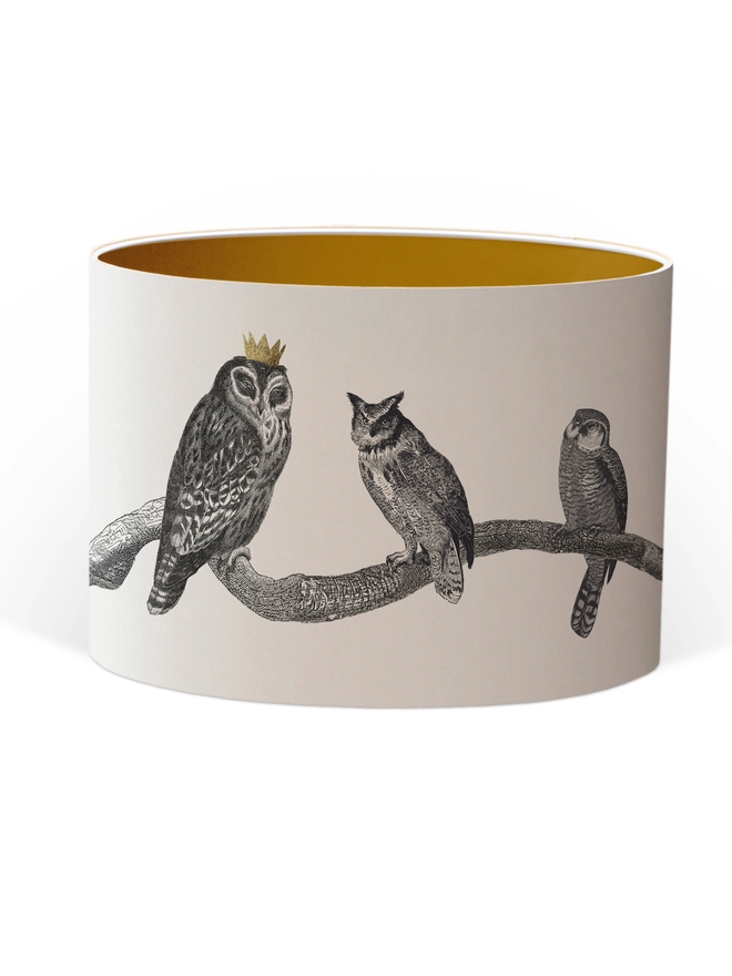 Drum Lampshade featuring owls on a branch with a Gold inner on a white background