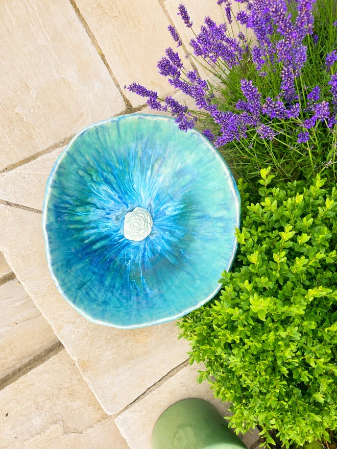 ceramic bird bath in blue glaze, jenny hopps pottery