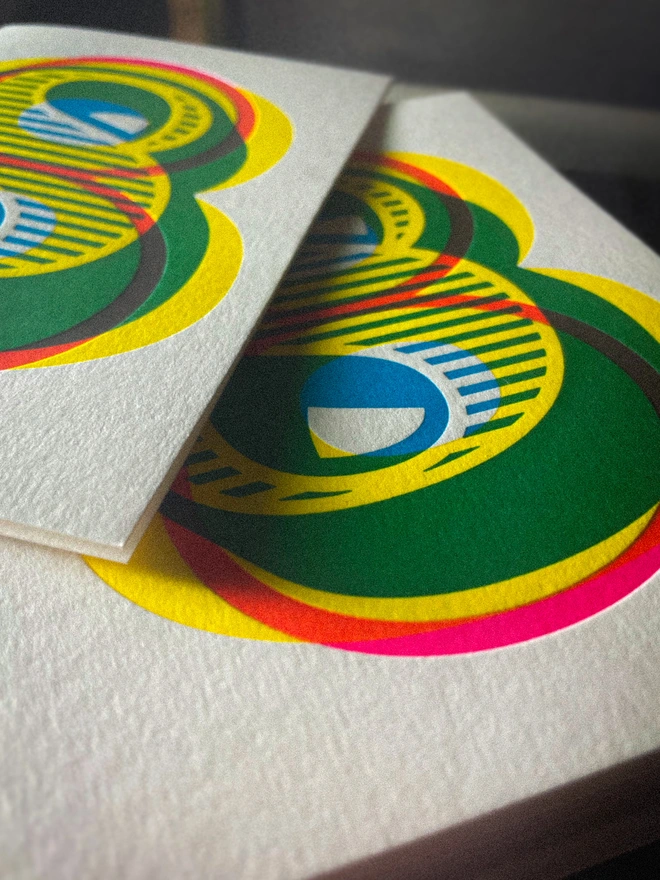 Handmade letterpress 8th birthday card featuring bold overlapping numerals printed in vibrant fluorescent cyan, magenta and yellow inks. Each card is individually hand printed using traditional letterpress techniques on luxury paper stock, creating a beautifully tactile finish with a deep impression and rich layered colours inspired by the CMYK printing process. Printed on a traditional letterpress from 1915. A wonderful artisan printed birthday card.