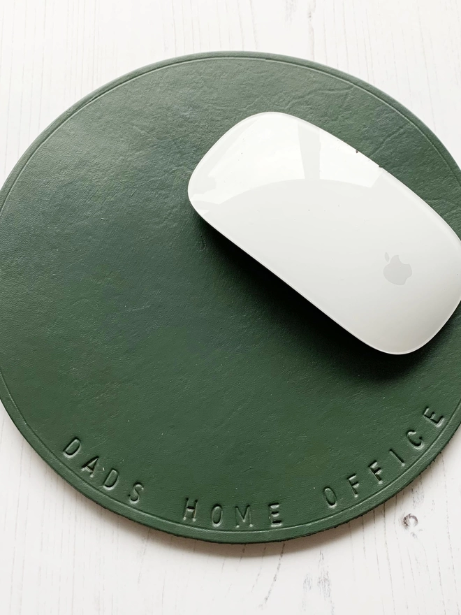 olive green leather mousemat, perfect little gift for your home office.