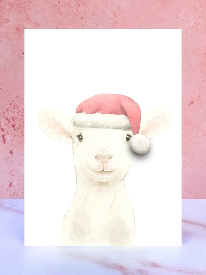 white lamb santa hat pompom christmas card