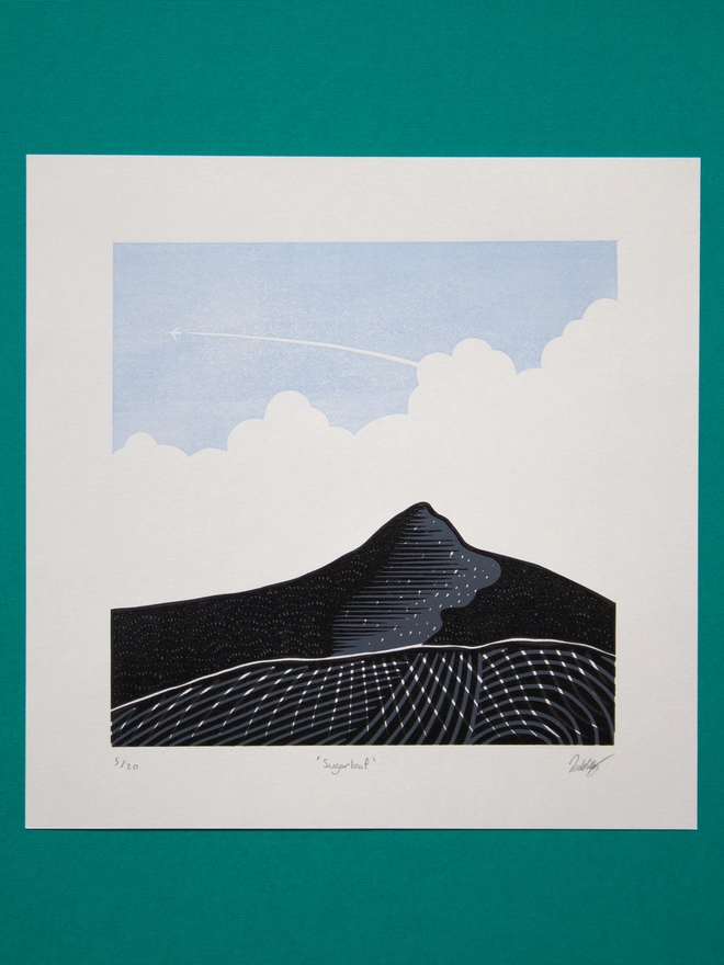 Linocut print of Sugarloaf mountain handmade art