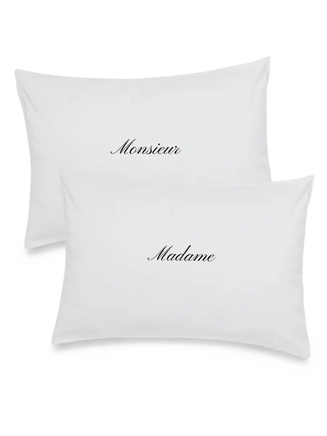 embroidered pillowcase set with embroidered Monsieur and Madame