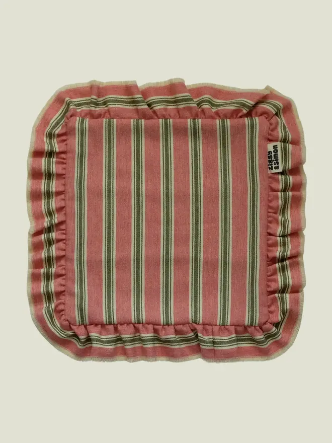 Pink Sherbet Ruffle Cushion. A cushion in square.