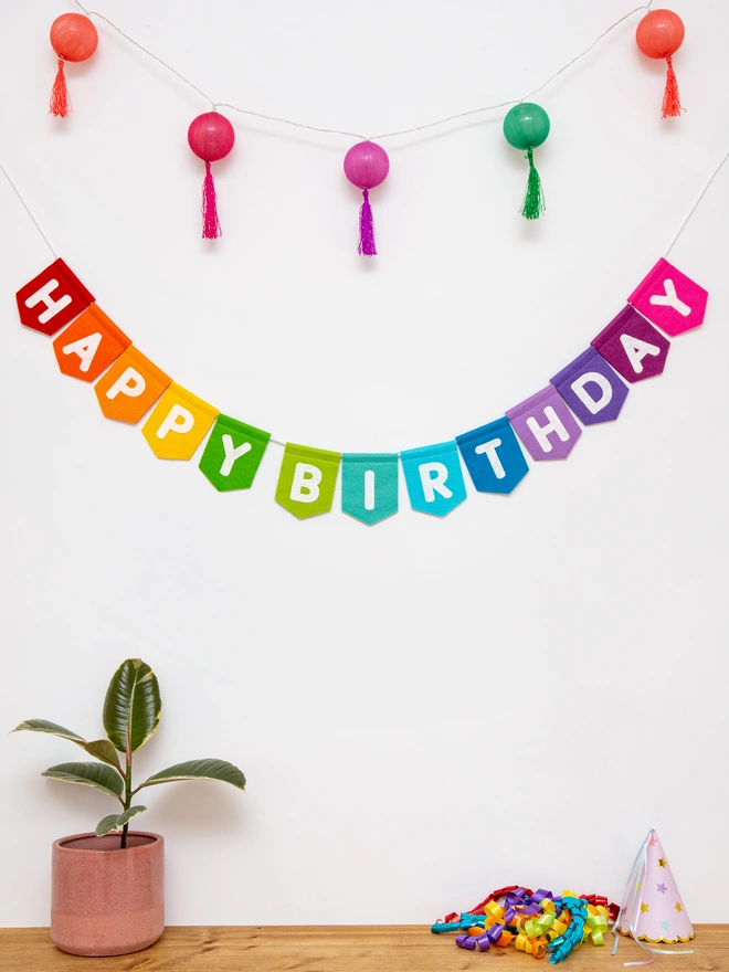 Happy birthday bunting in bright rainbow colours