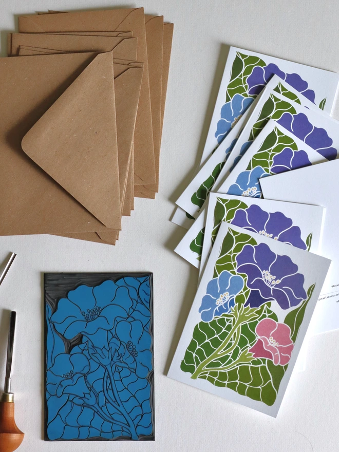 A6 botanical notecards with trumpet-shaped morning glory flowers in purple, pink and blue on 300gsm recycled card