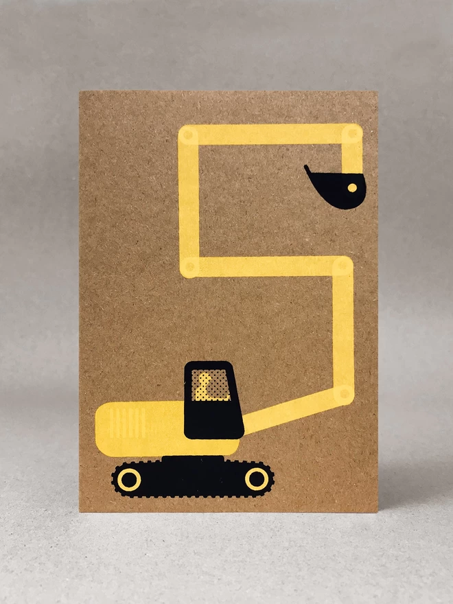 A yellow and black digger, its arm makes a number 5, screenprinted on a Kraft brown card. Stood on a white background with a light grey shadow