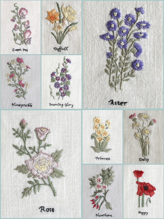 Embroidered: Sweet Pea, Daffodil, Aster, Honeysuckle, Morning Glory, Rose, Primrose, Daisy, Hawthorn and Poppy.