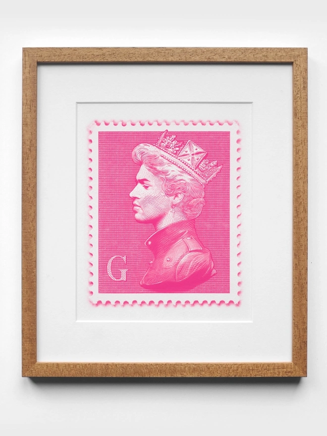 Pink George Michael Mini Stamp Art Print - Natural Oak Frame