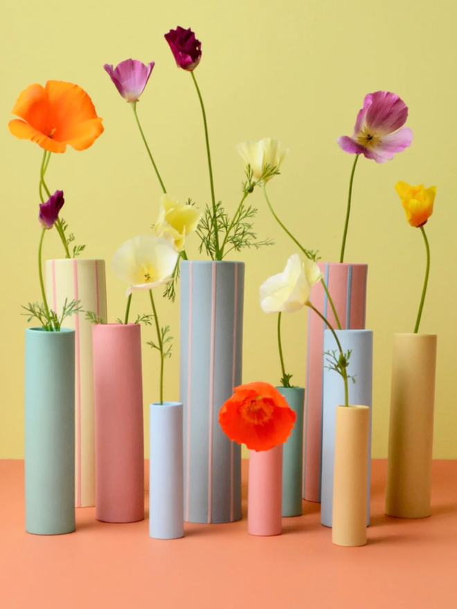 Striped Vase. A line of brightly coloured vases.