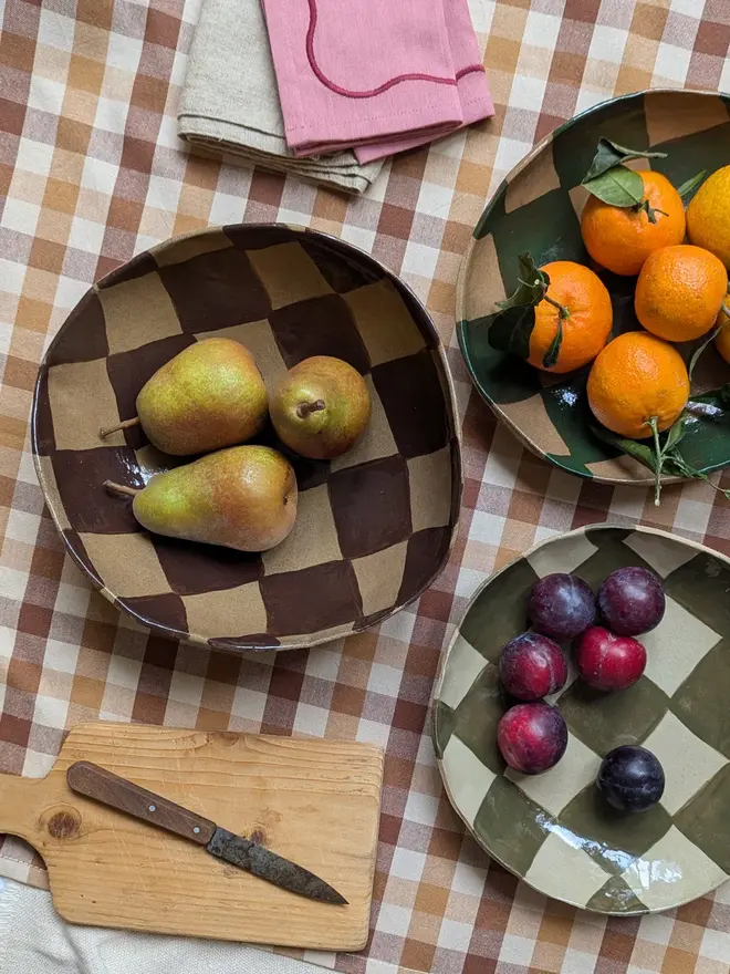 Large Chocolate Brown Check Serving Bowl