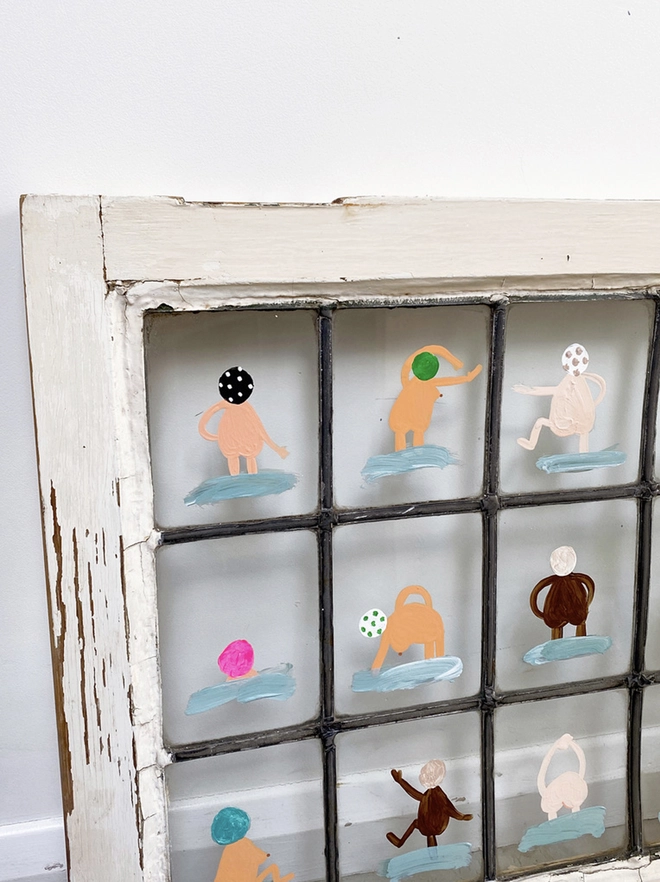 18 whimsical swimmers painted on old window stretching in the nude. Funny, quirky and playful