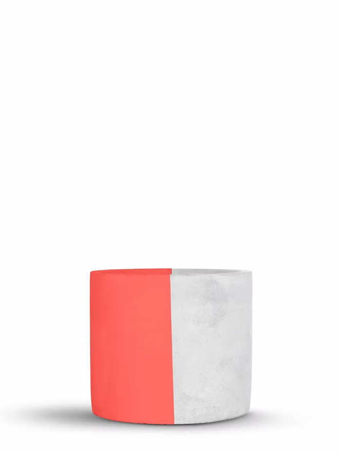 half & half concrete plant pot. a grey concrete plant pot painted half coral.