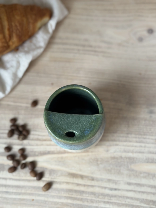 'Caffeine Please' Ceramic Travel Cup Green Granite Glaze