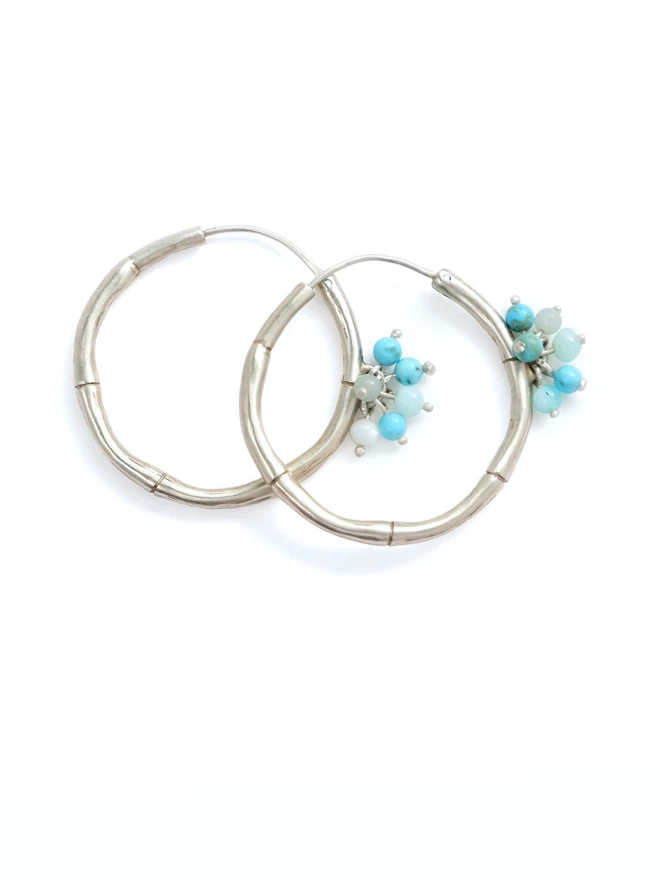 Sterling Silver Bamboo Hoops with turquoise blue gemstone bead baubles, small