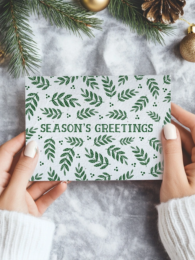 Christmas card with 'Seasons Greetings' on it surrounded by green leaves. The card is in a Christmas scene