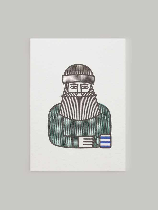 Illustrated male character greeting card. Tea loving character wearing a knitted jumper and wooly hat. Risograph printed on to luxury heavyweight paper