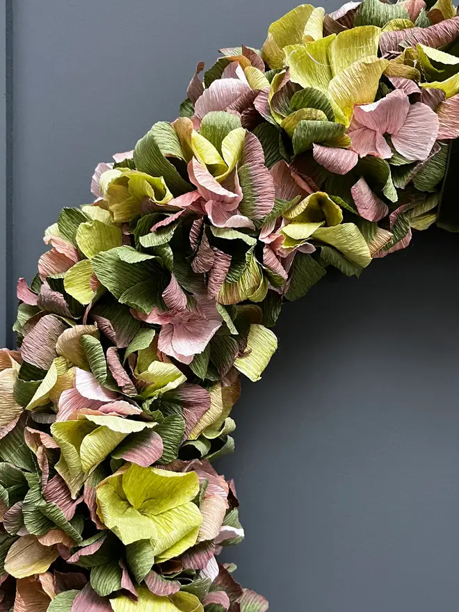 Soft Greens & Pink Crepe Paper Christmas Wreath