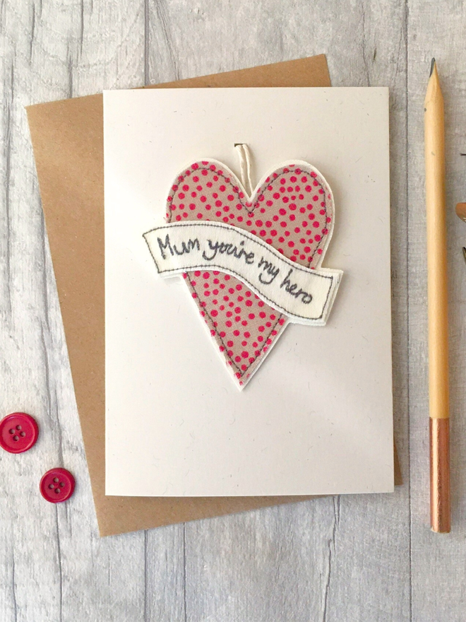 Mother's Day card with keepsake hanging decoration in red and beige spotty fabric