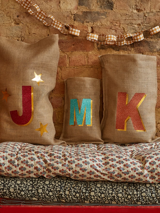 Personalised 3D initial Christmas sacks in various colours and sizes